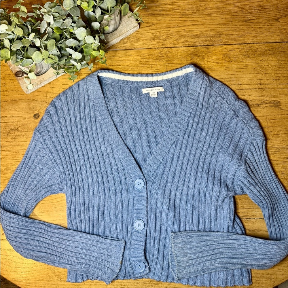 American Eagle Blue Cable Knit Crop Sweater Size Small